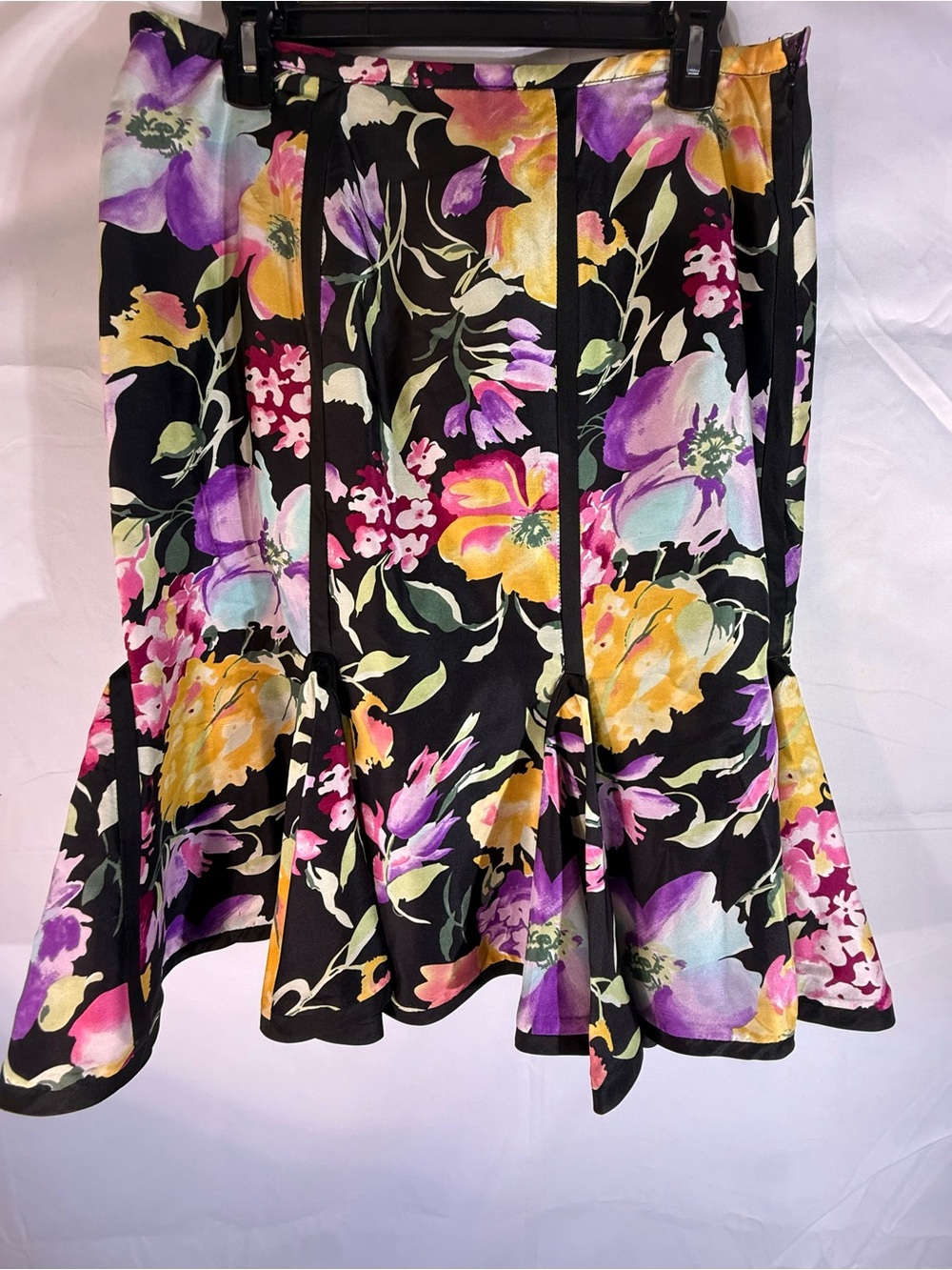 Black Floral Flounce Skirt with Purple & Yellow Blooms